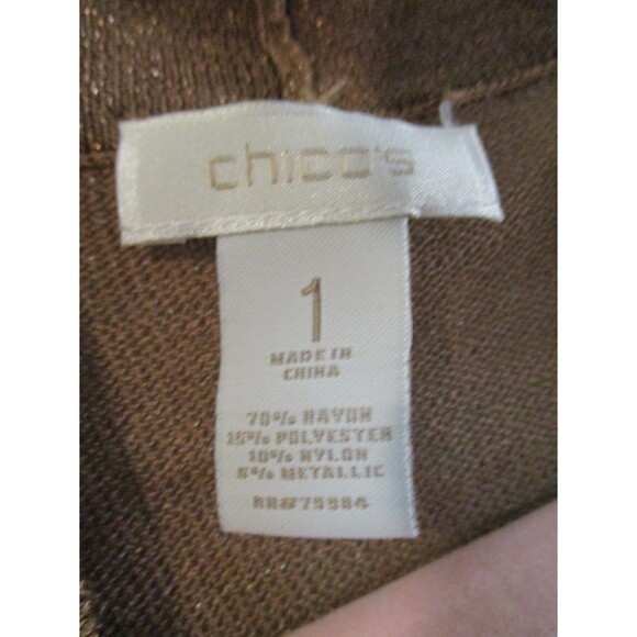 Chico's Womens Sz 1 M Short Sleeve Brown Glitter Metallic Cardigan Career Casual - Picture 3 of 7